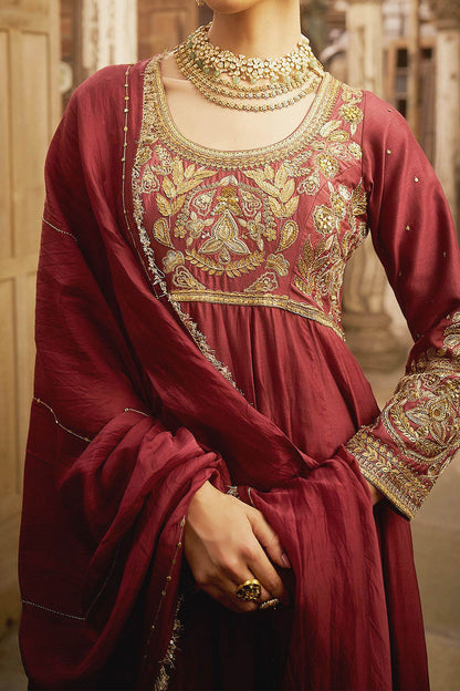 Hirika &amp; Dhruti Burgundy Karnika Hand Work Anarkali With Dupatta For Kids at Aza Fashions