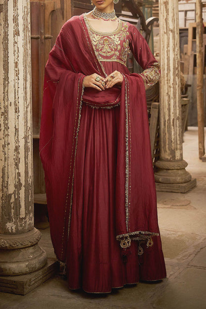 Hirika &amp; Dhruti Burgundy Karnika Hand Work Anarkali With Dupatta For Kids Online at Aza Fashions