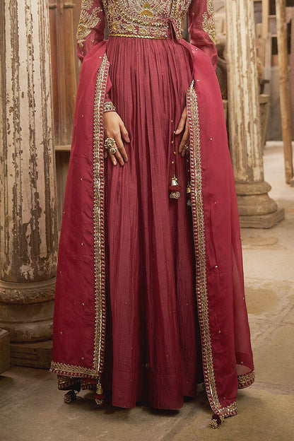 Buy Hirika &amp; Dhruti Burgundy Dori Embroidered Angarkha Anarkali Set For Kids Online at Aza Fashions