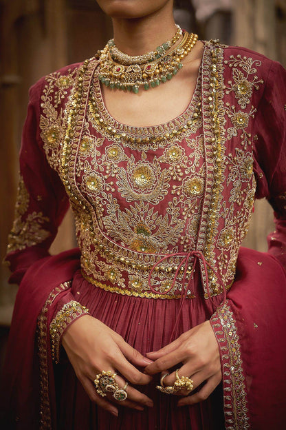 Hirika &amp; Dhruti Burgundy Dori Embroidered Angarkha Anarkali Set For Kids Online at Aza Fashions