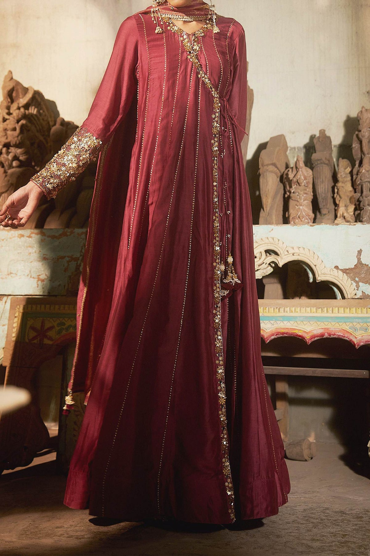 Shop Hirika &amp; Dhruti Burgundy Sufi Embroidered Angarkha Anarkali Set For Kids Online at Aza Fashions