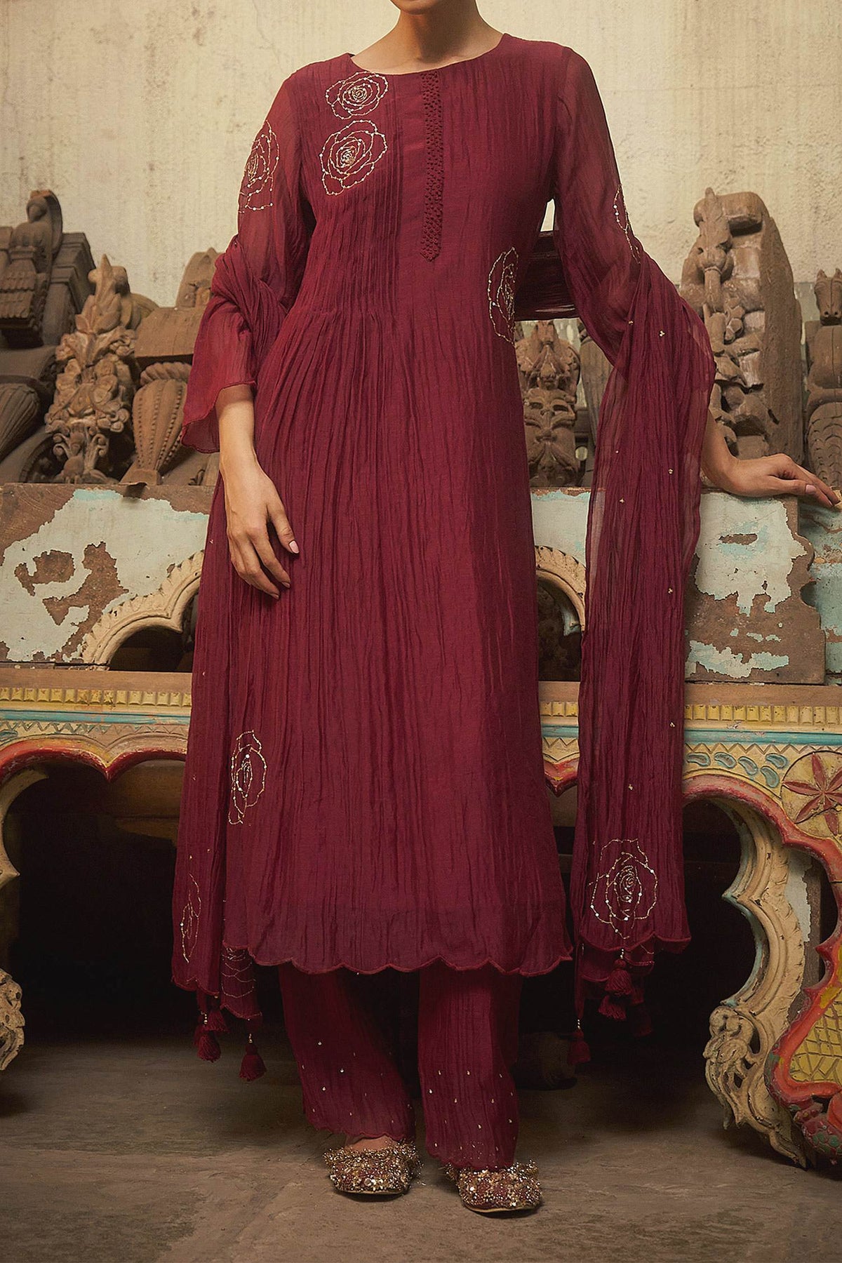 Hirika &amp; Dhruti Burgundy Rose Embroidered Pleated Kurta Set For Kids Online at Aza Fashions