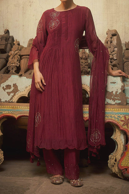 Hirika &amp; Dhruti Burgundy Rose Embroidered Pleated Kurta Set For Kids Online at Aza Fashions