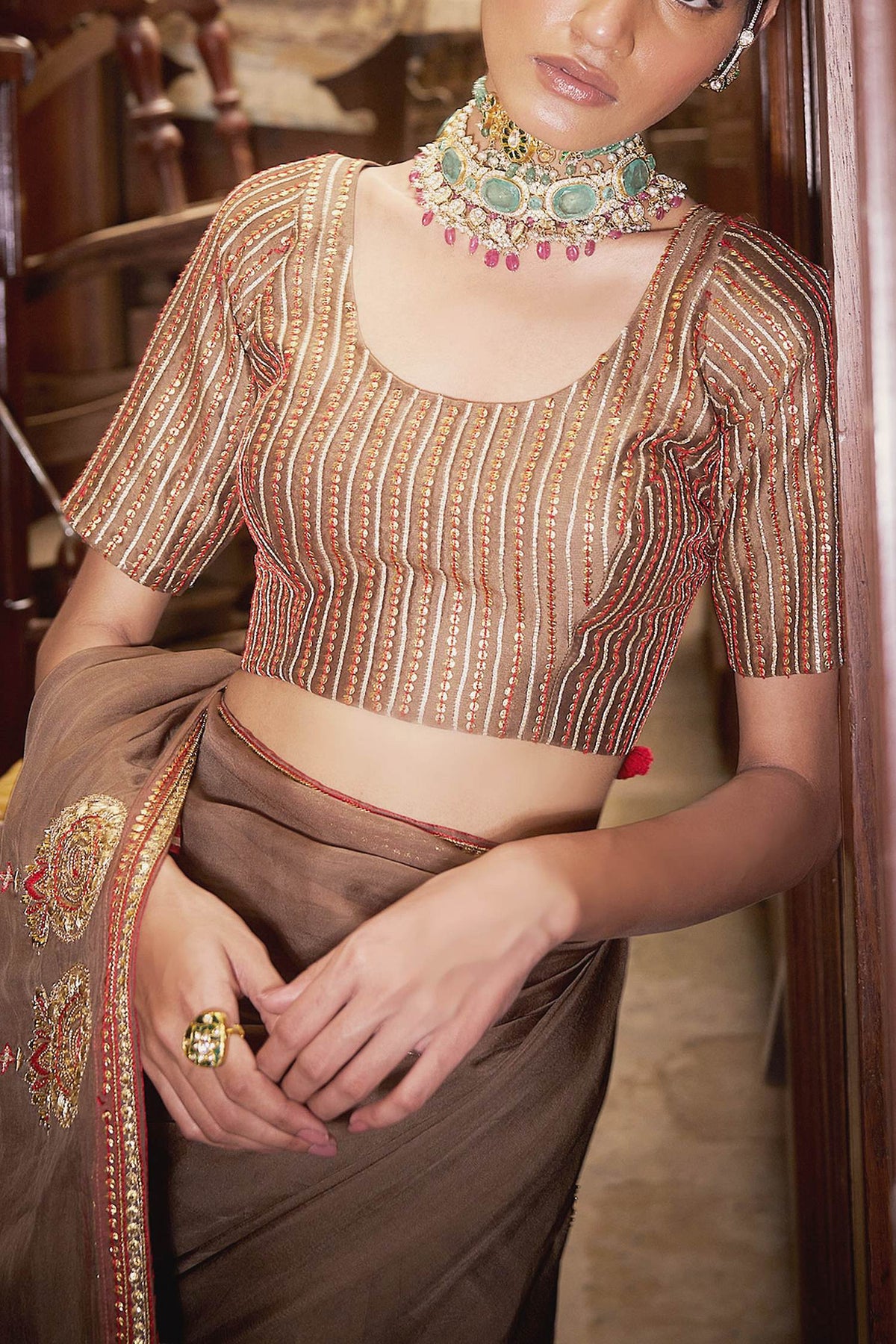 Buy Hirika &amp; Dhruti Brown Lehar Saree With Embroidered Blouse For Kids