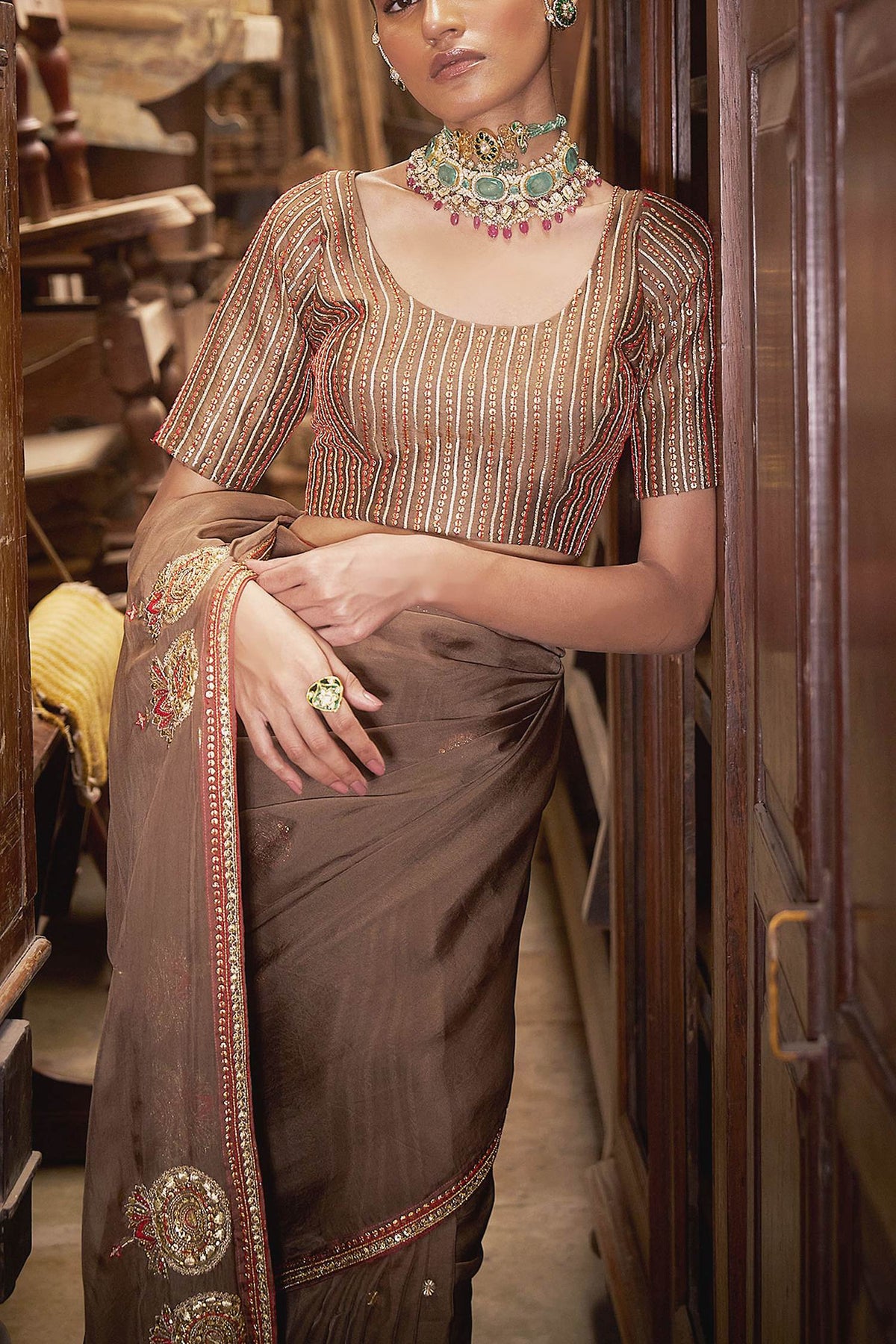 Shop Hirika &amp; Dhruti Brown Lehar Saree With Embroidered Blouse For Kids Online at Aza Fashions