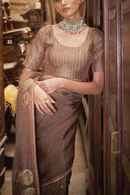 Shop Hirika &amp; Dhruti Brown Lehar Saree With Embroidered Blouse For Kids Online at Aza Fashions