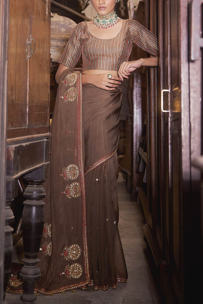 Shop Hirika &amp; Dhruti Brown Lehar Saree With Embroidered Blouse For Kids