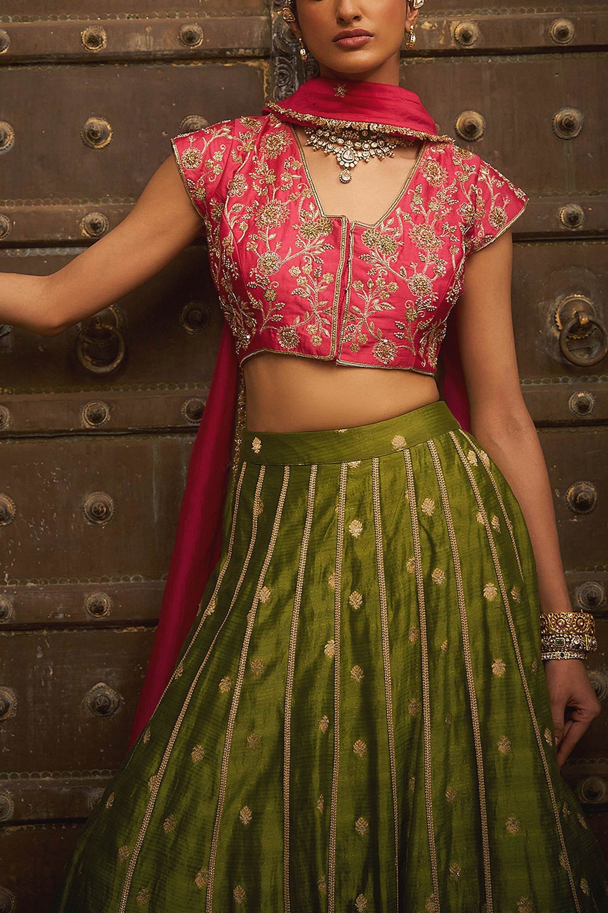 Buy Hirika &amp; Dhruti Green Banarasiya Scattered Butti Work Lehenga Set For Kids Online at Aza Fashions