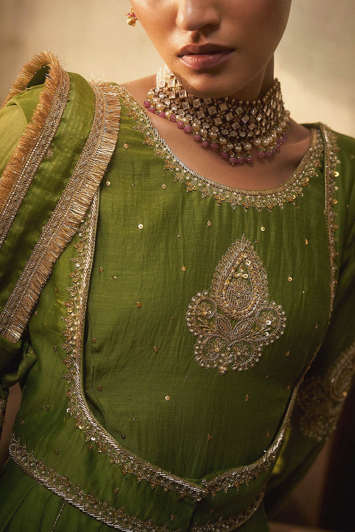Hirika &amp; Dhruti Green Nooree Hand Work Anarkali And Long Jacket Set For Kids Online at Aza Fashions