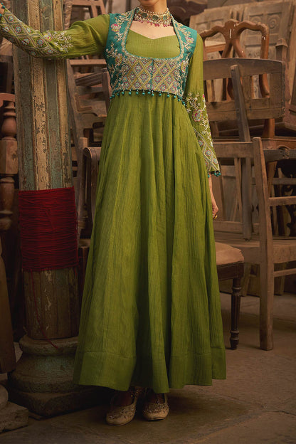 Hirika &amp; Dhruti Green Hand Work Embroidered Anarkali And Jacket Set For Kids Online at Aza Fashions
