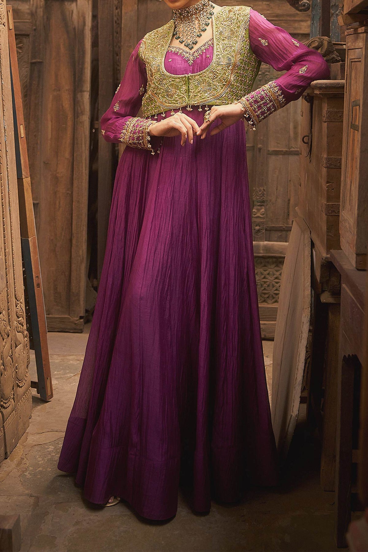 Shop Hirika &amp; Dhruti Purple Jamli Anarkali And Marodi Work Jacket Set For Kids at Aza Fashions