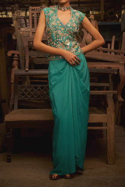 Hirika &amp; Dhruti Aqua Turquoise Embroidered Jacket And Draped Skirt Set For Kids at Aza Fashions