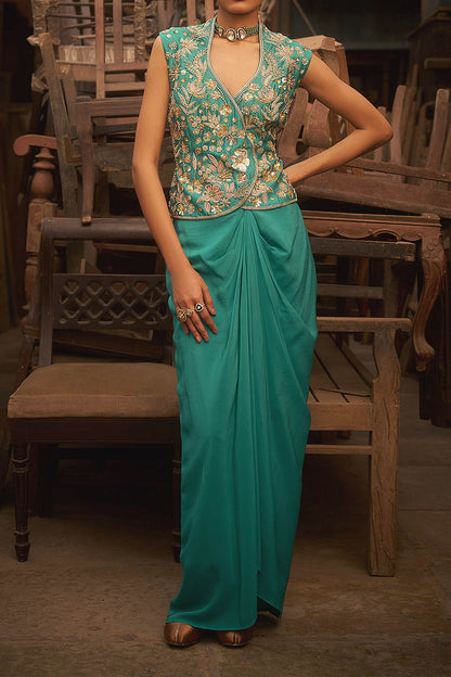 Buy Hirika &amp; Dhruti Aqua Turquoise Embroidered Jacket And Draped Skirt Set For Kids Online at Aza Fashions