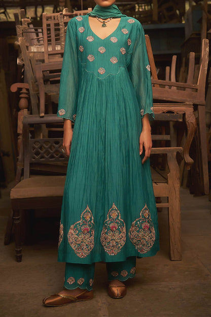 Buy Hirika &amp; Dhruti Aqua Marodi Butti Embroidered Kurta Set For Kids Online at Aza Fashions