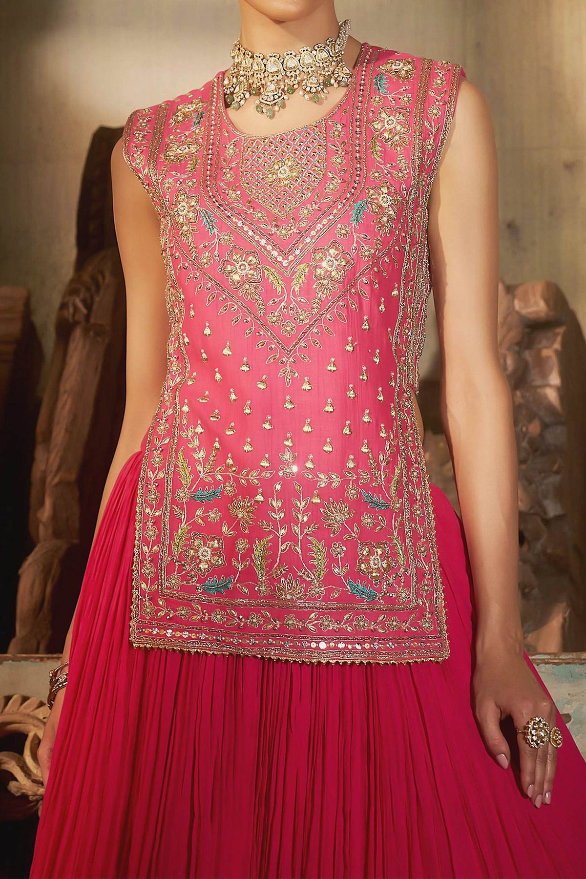 Hirika &amp; Dhruti Pink Zardozi Embroidered Kurta Lehenga Set For Kids Online at Aza Fashions