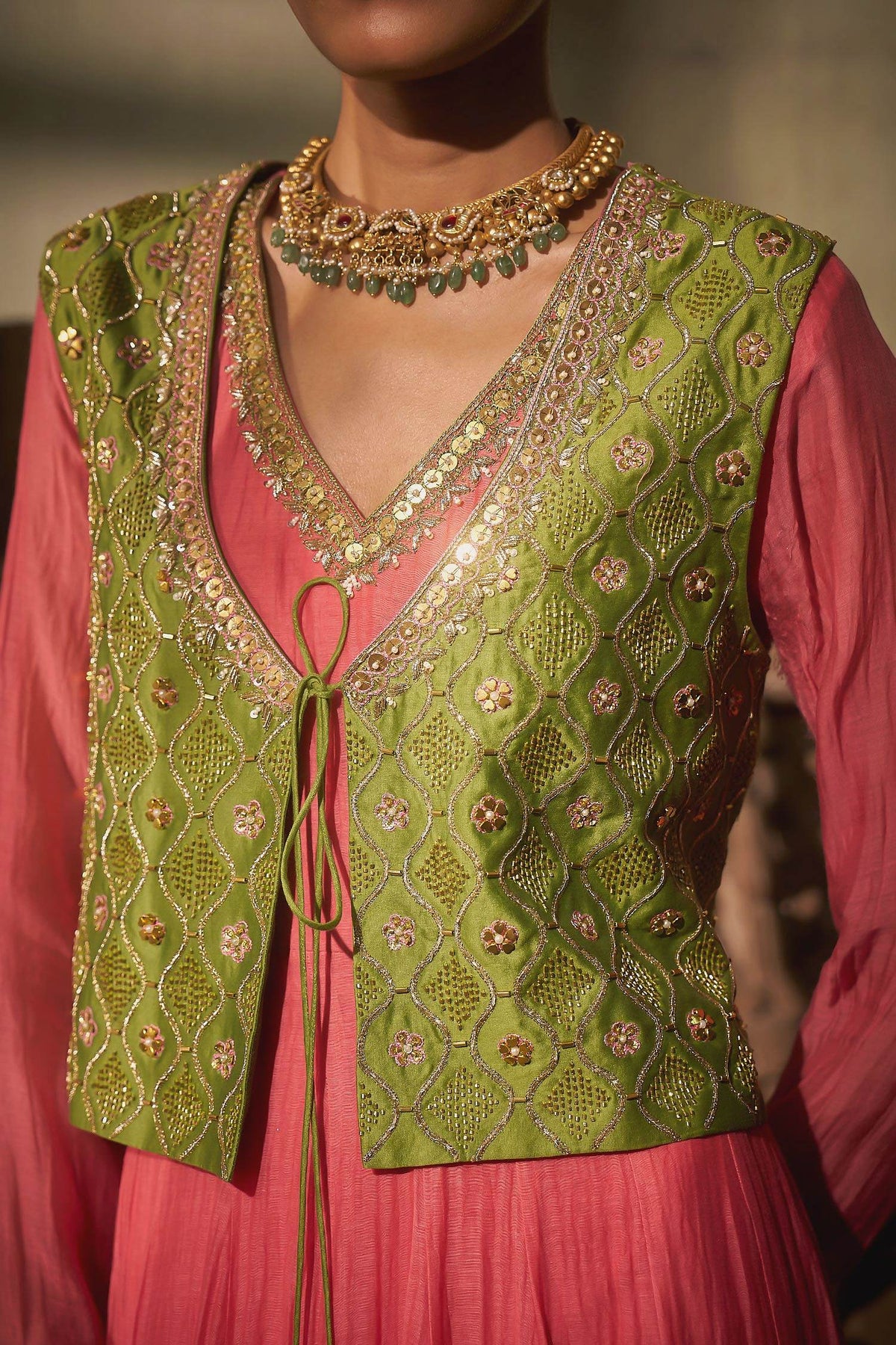 Buy Hirika &amp; Dhruti Peach Anarkali With Jharokha Work Jacket For Kids Online at Aza Fashions