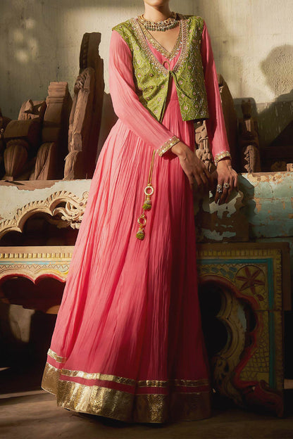 Shop Hirika &amp; Dhruti Peach Anarkali With Jharokha Work Jacket For Kids Online at Aza Fashions