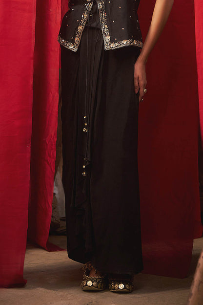 Hirika &amp; Dhruti Black Marodi Work Layered Top And Draped Skirt Set For Kids Online at Aza Fashions