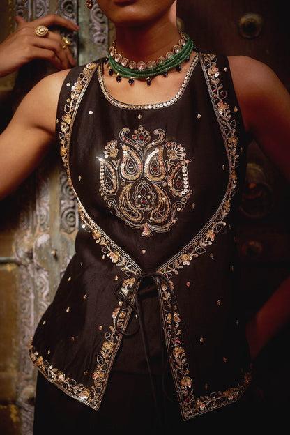 Hirika &amp; Dhruti Black Marodi Work Layered Top And Draped Skirt Set For Kids at Aza Fashions