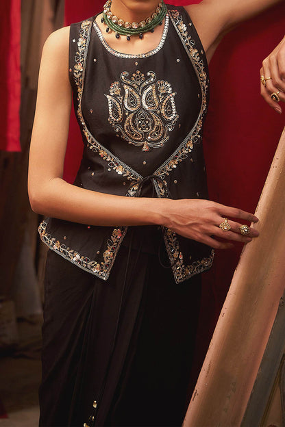 Buy Hirika &amp; Dhruti Black Marodi Work Layered Top And Draped Skirt Set For Kids Online at Aza Fashions