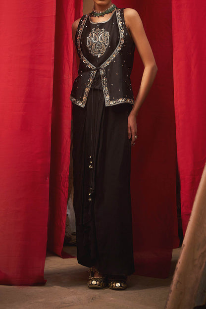 Shop Hirika &amp; Dhruti Black Marodi Work Layered Top And Draped Skirt Set For Kids Online at Aza Fashions