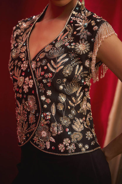 Hirika &amp; Dhruti Black Embroidered Jacket And Draped Skirt Set For Kids Online at Aza Fashions
