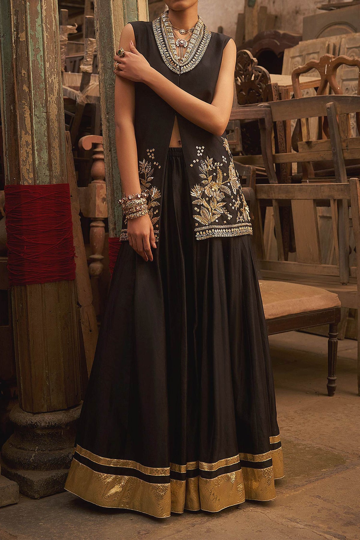 Buy Hirika &amp; Dhruti Black Hand Embroidered Jacket And Kali Sharara Set For Kids