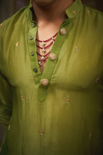 Hirika &amp; Dhruti Green Embroidered Sheer Kurta And Pant Set For Kids at Aza Fashions