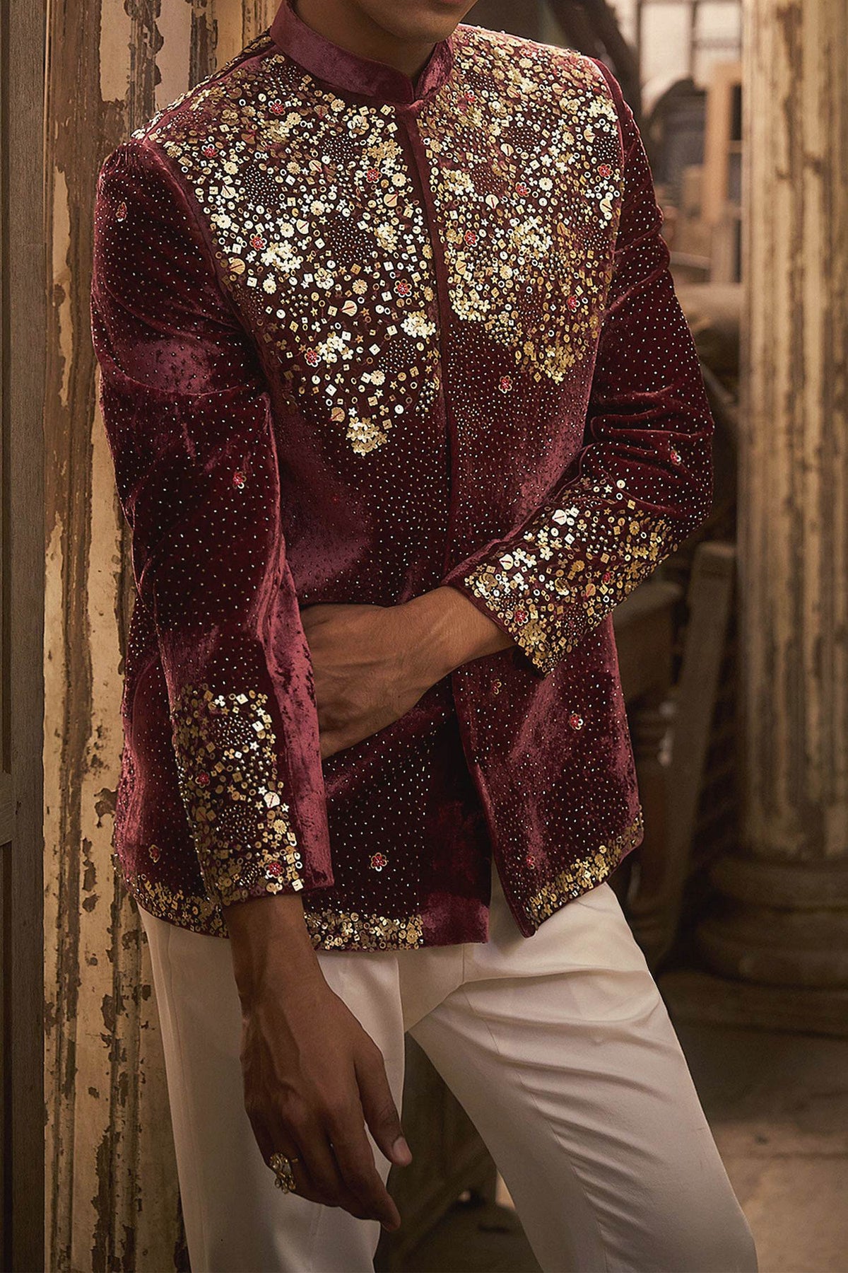 Hirika &amp; Dhruti Burgundy Sequin Embroidered Bandhgala For Kids Online at Aza Fashions