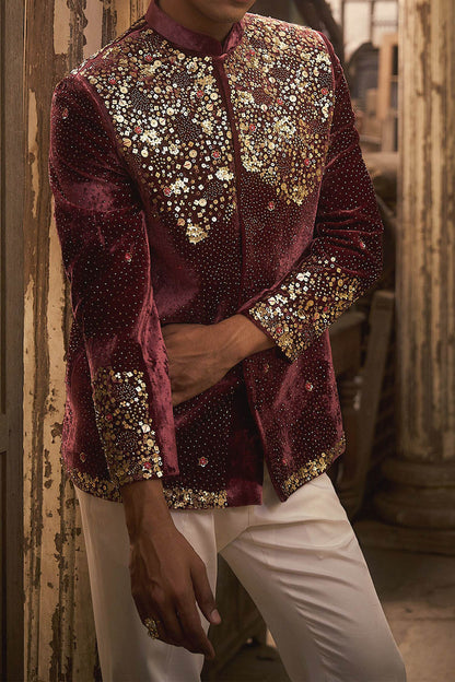 Hirika &amp; Dhruti Burgundy Sequin Embroidered Bandhgala For Kids Online at Aza Fashions