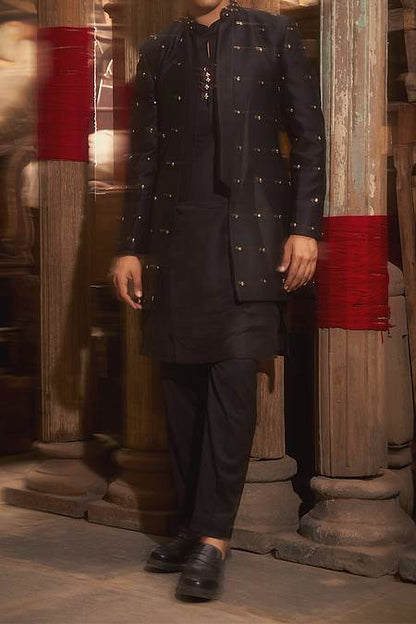 Hirika &amp; Dhruti Black Embroidered Jacket And Kurta Set For Kids at Aza Fashions