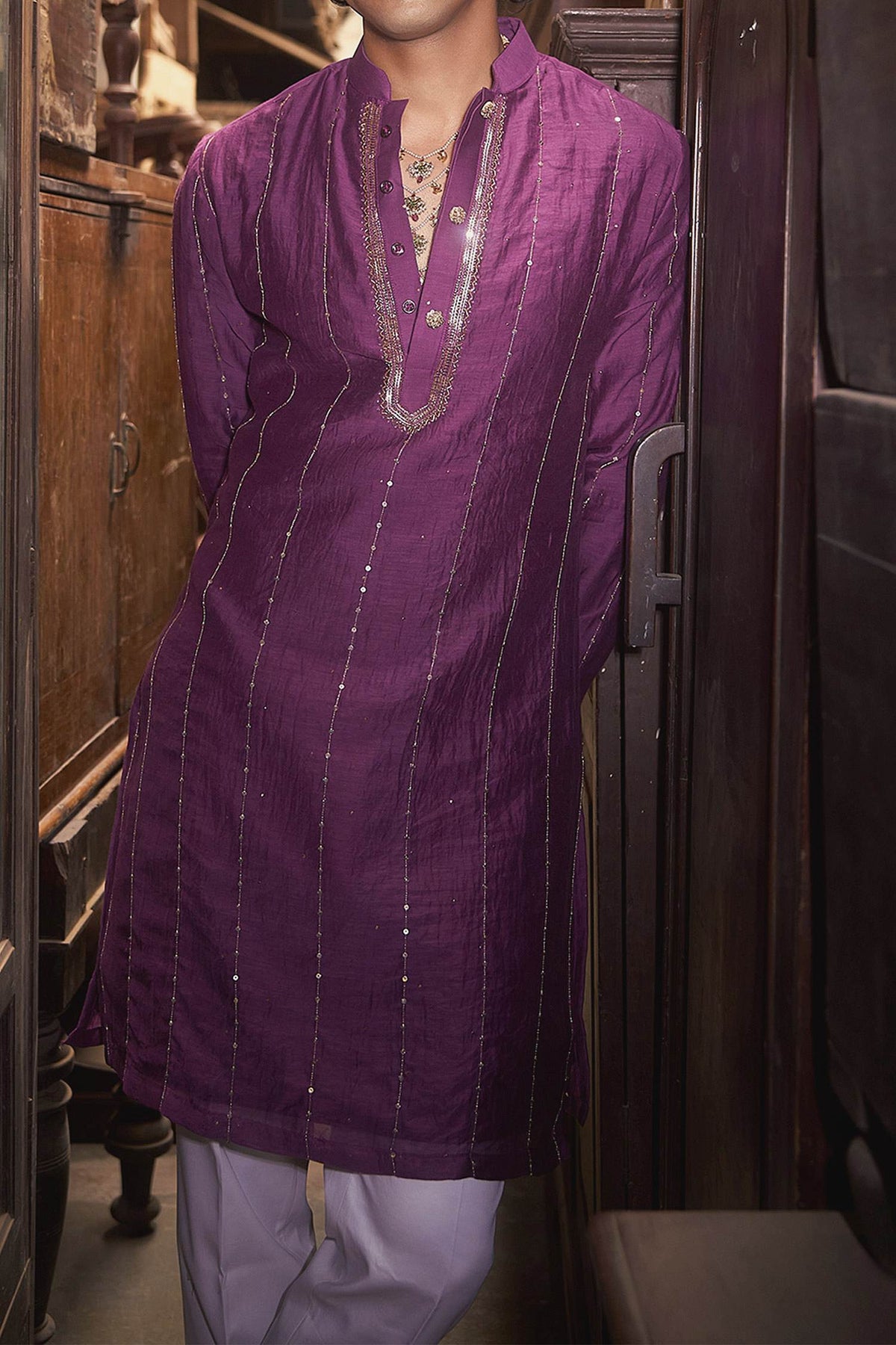 Hirika &amp; Dhruti Purple Tikki Lines Embroidered Kurta Set For Kids Online at Aza Fashions