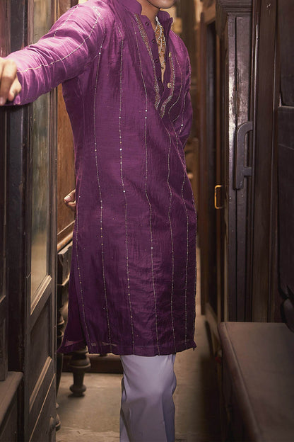 Hirika &amp; Dhruti Purple Tikki Lines Embroidered Kurta Set For Kids at Aza Fashions
