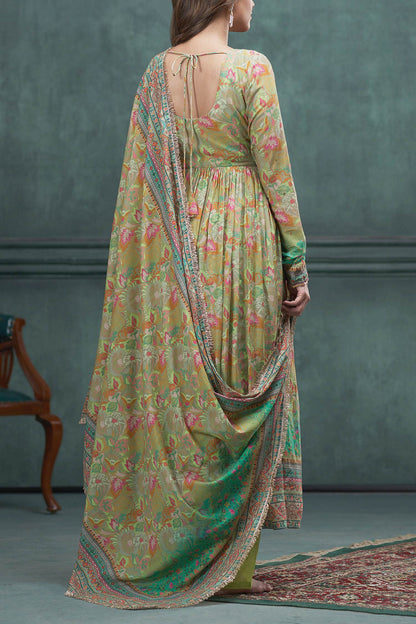 Shop Hirika &amp; Dhruti Green Pant , Anarkali And Dupatta Floral, Print Set For Kids at Aza Fashions