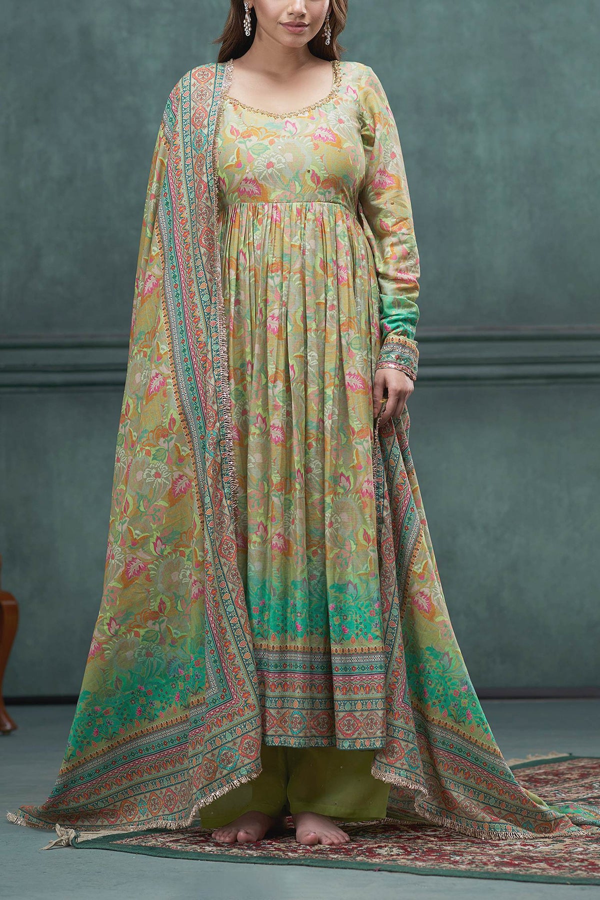 Buy Hirika &amp; Dhruti Green Pant , Anarkali And Dupatta Floral, Print Set For Kids Online at Aza Fashions