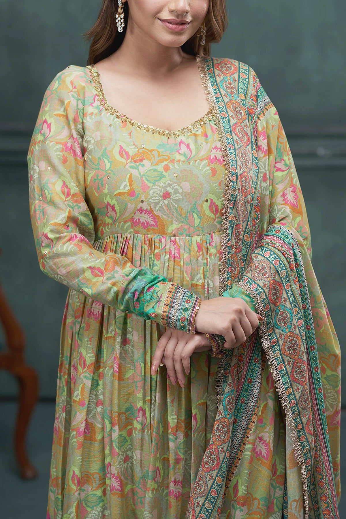 Shop Hirika &amp; Dhruti Green Pant , Anarkali And Dupatta Floral, Print Set For Kids Online at Aza Fashions