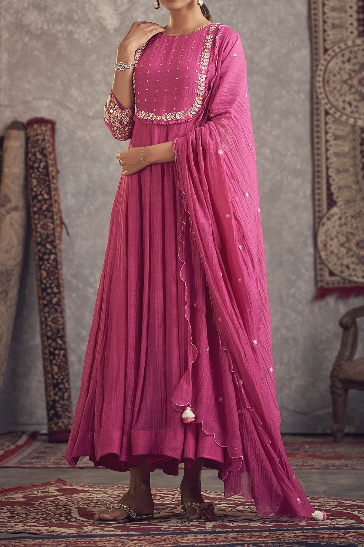 Buy Hirika &amp; Dhruti Pink Chanderi Thread And Sequin Work Hand Embroidered Anarkali With Dupatta For Kids at Aza Fashions