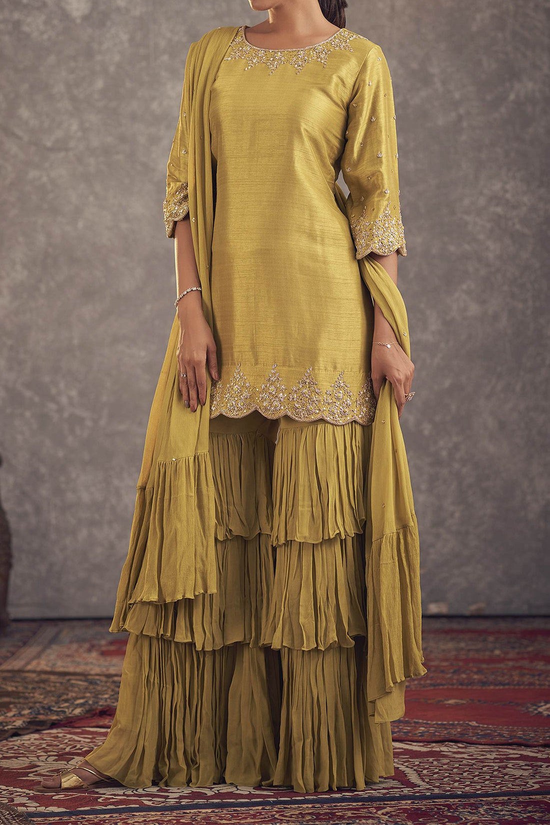 Buy Hirika &amp; Dhruti Green Dupatta Georgette, Gharara Georgette, Inner Embroidered And Layered Set For Kids at Aza Fashions