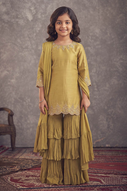Shop Hirika &amp; Dhruti Green Dupatta Georgette, Gharara Georgette, Inner Embroidered And Layered Set For Kids at Aza Fashions