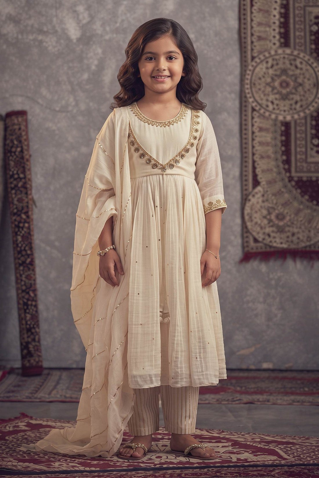 Buy Hirika & Dhruti Ivory Cotton, Organza, Chanderi, Inner Lining Hand Embroidered Anarkali Set For Kids at Aza Fashions