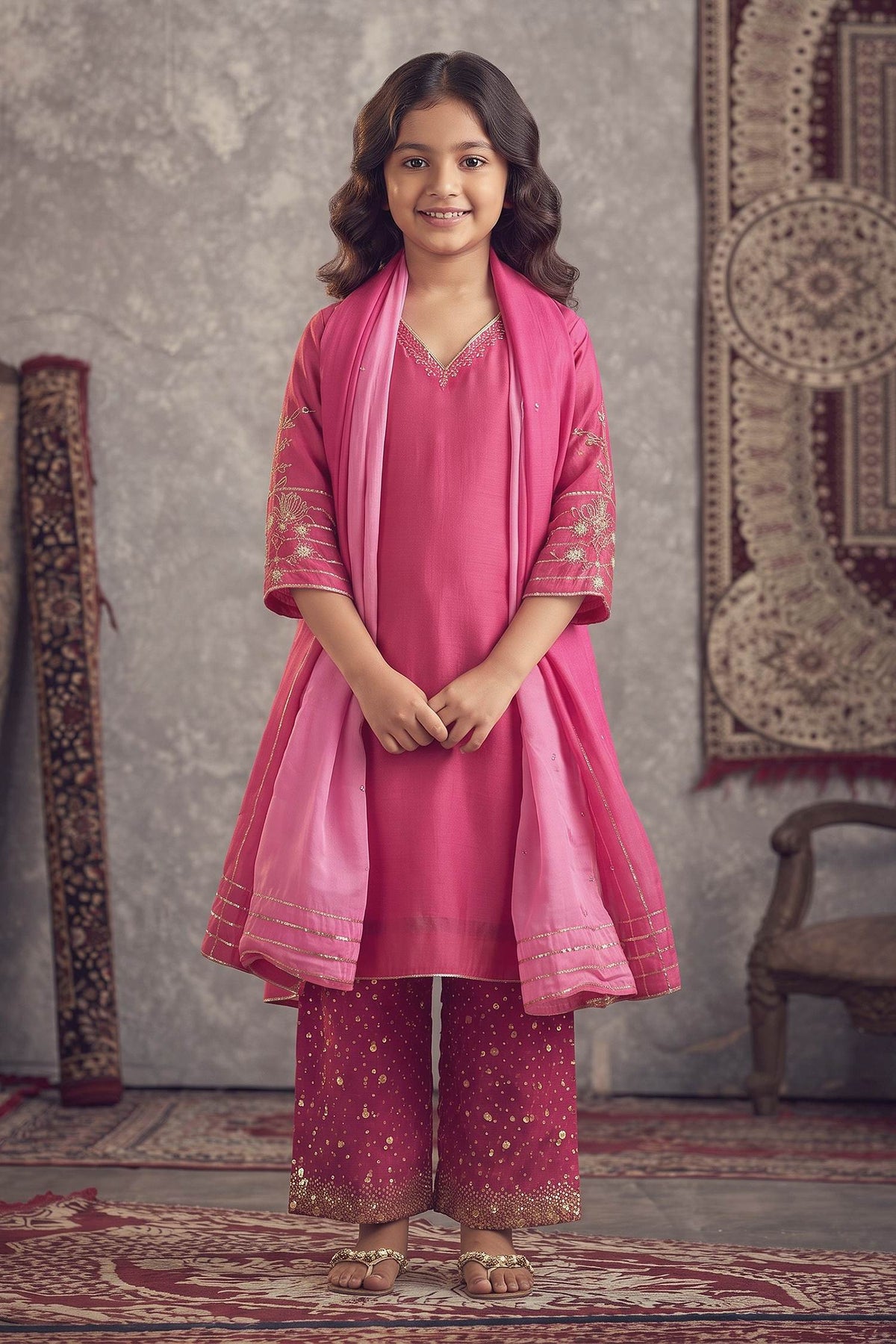 Buy Hirika &amp; Dhruti Pink Dupatta Organza, Inner Lining Crepe, Kurta And Flower Embroidered Set For Kids at Aza Fashions