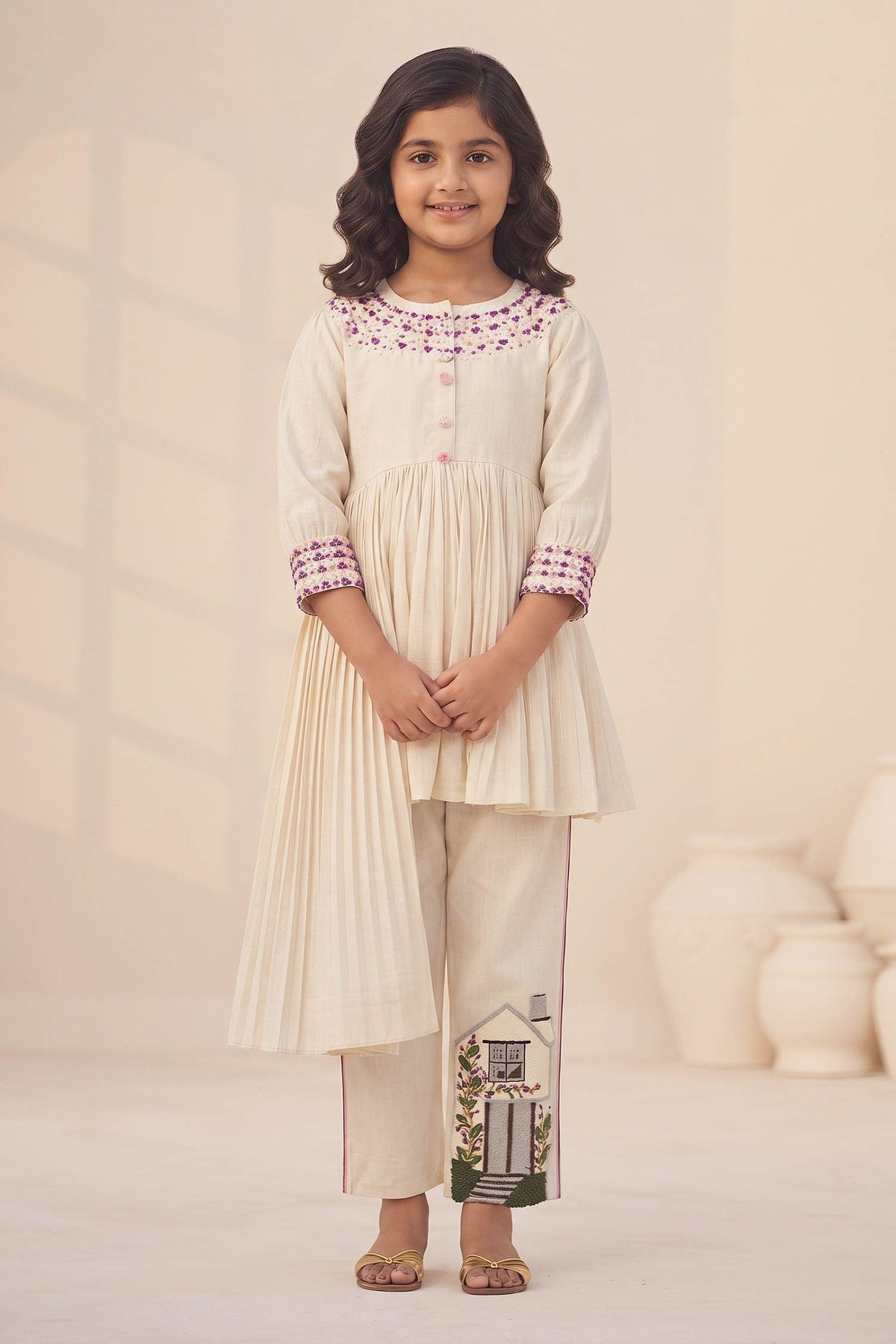 Buy Hirika &amp; Dhruti Ivory Handloom Cotton Floral, House Hand Embroidered High Low Kurta And Pant Set For Kids at Aza Fashions