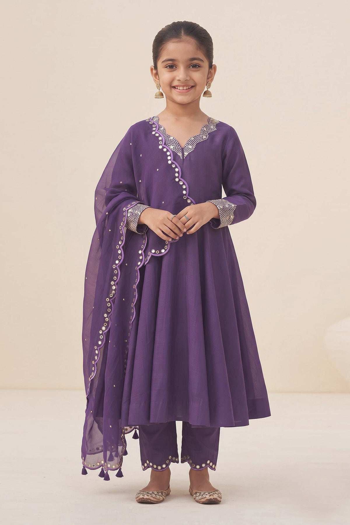 Hirika &amp; Dhruti Purple Dupatta Organza, Inner Lining Crepe, Hand Embroidered Anarkali Set For Kids Online at Aza Fashions