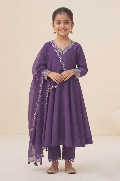 Hirika &amp; Dhruti Purple Dupatta Organza, Inner Lining Crepe, Hand Embroidered Anarkali Set For Kids Online at Aza Fashions
