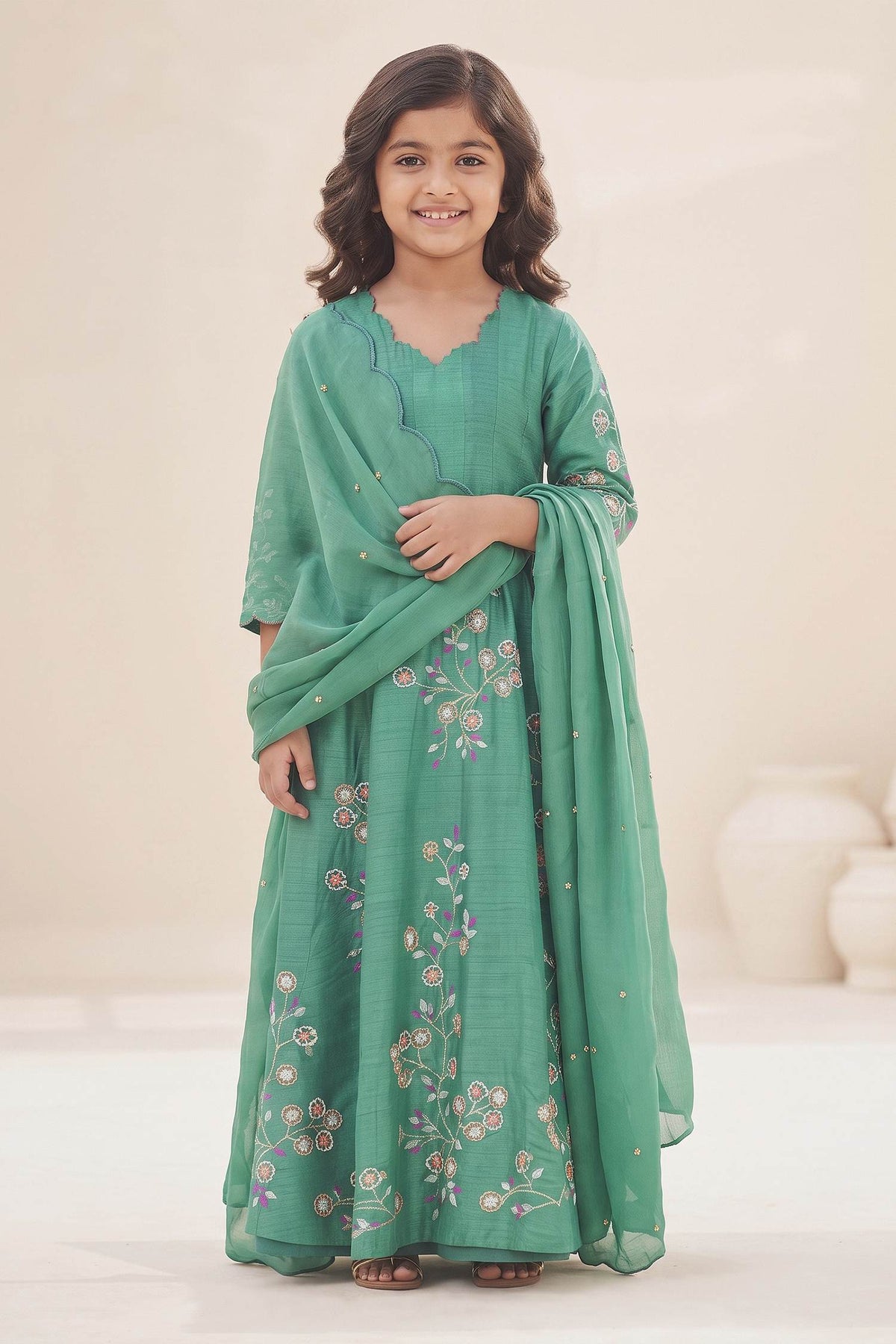Buy Hirika &amp; Dhruti Green Anarkali Silk, Dupatta Organza, Lining Crepe Hand Embroidered With For Kids at Aza Fashions