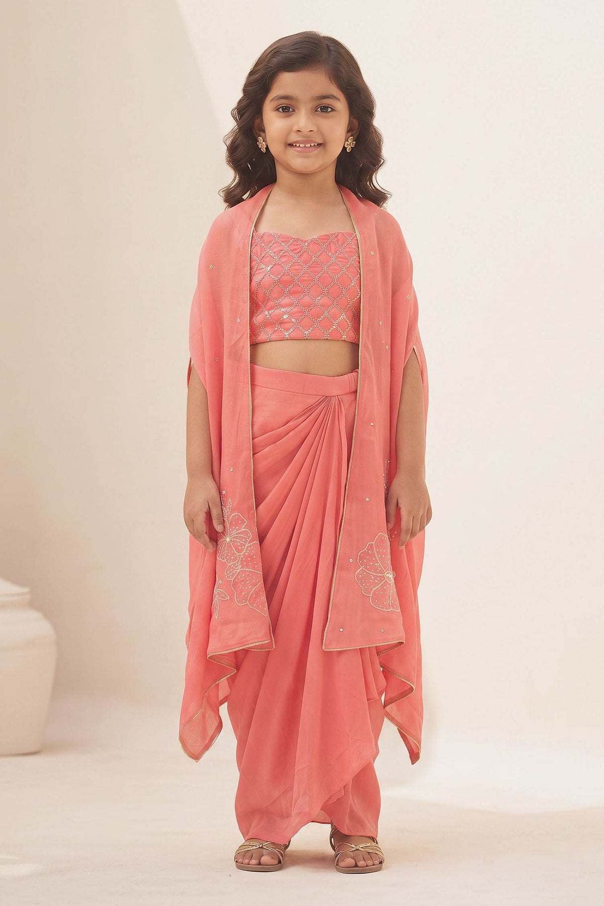 Buy Hirika &amp; Dhruti Peach Silk, Jacket Organza, Lining Crepe Bead And Embroidered Draped Skirt Set For Kids at Aza Fashions