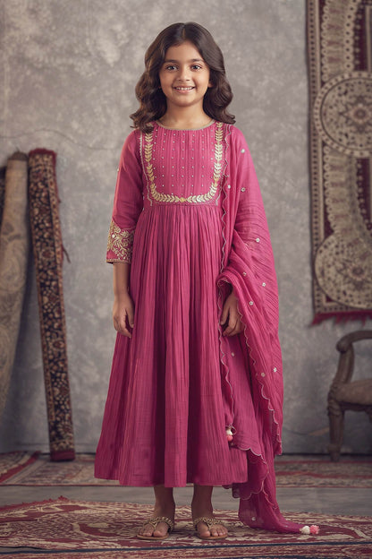 Shop Hirika &amp; Dhruti Pink Chanderi Thread And Sequin Work Hand Embroidered Anarkali With Dupatta For Kids at Aza Fashions