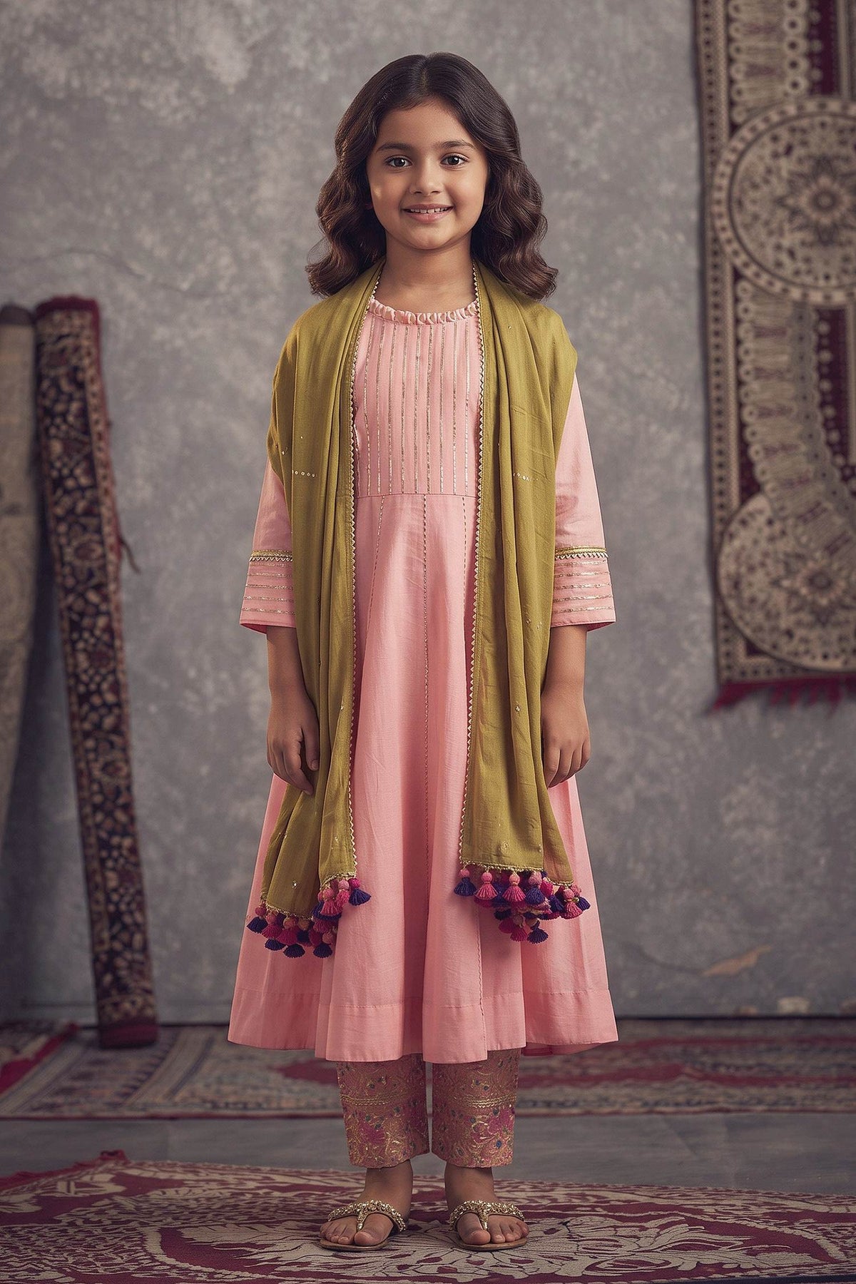 Buy Hirika &amp; Dhruti Pink Cotton Silk, Dupatta Tissue, Lining Crepe Gota, Embroidered Anarkali Set For Kids at Aza Fashions