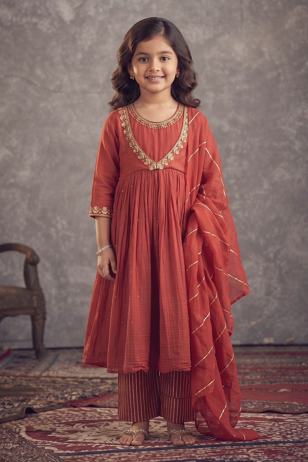 Buy Hirika &amp; Dhruti Red Cotton, Anarkali Chanderi, Lining Crepe Gota, Zari And Sequin Work Pant Set For Kids at Aza Fashions