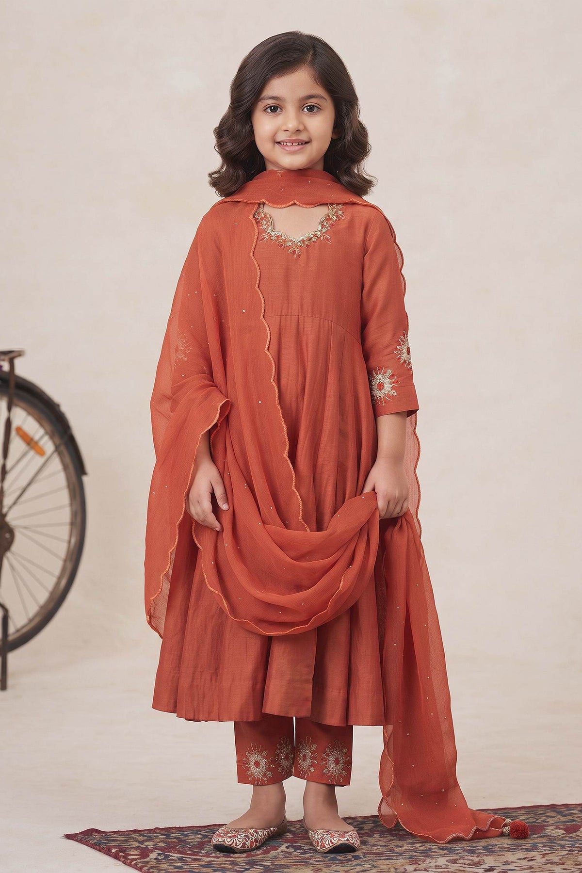 Buy Hirika &amp; Dhruti Orange Anarkali Silk Chanderi, Dupatta Organza, Pant Cotton Embroidered Set For Kids at Aza Fashions
